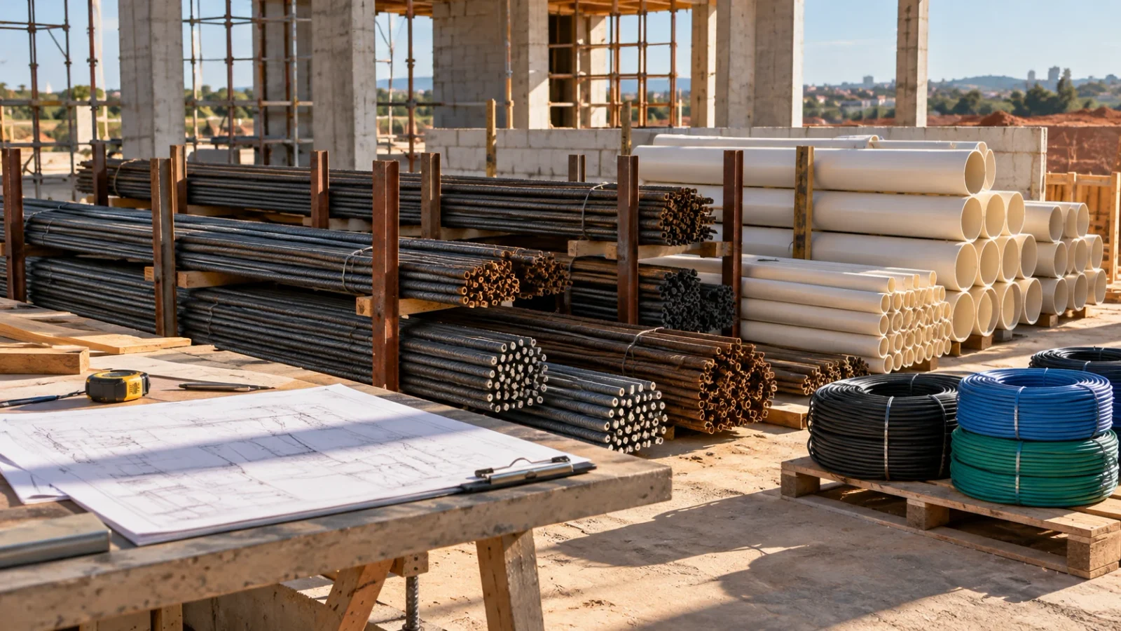 Materiais de obra organizados no canteiro: aço, tubos de PVC e cabos elétricos, com o projeto sobre a bancada