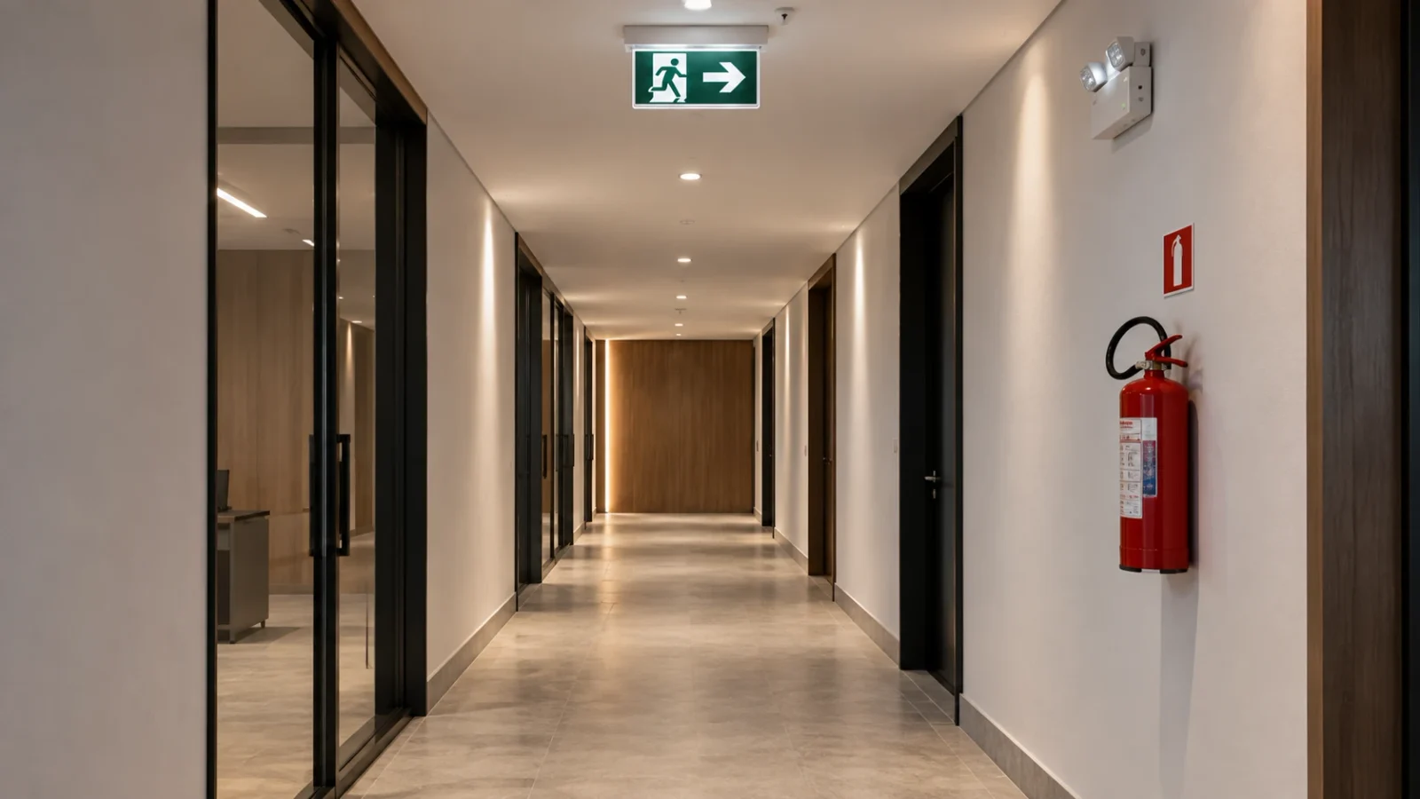 Corredor de edifício comercial com placa de saída de emergência, luminária de emergência e extintor