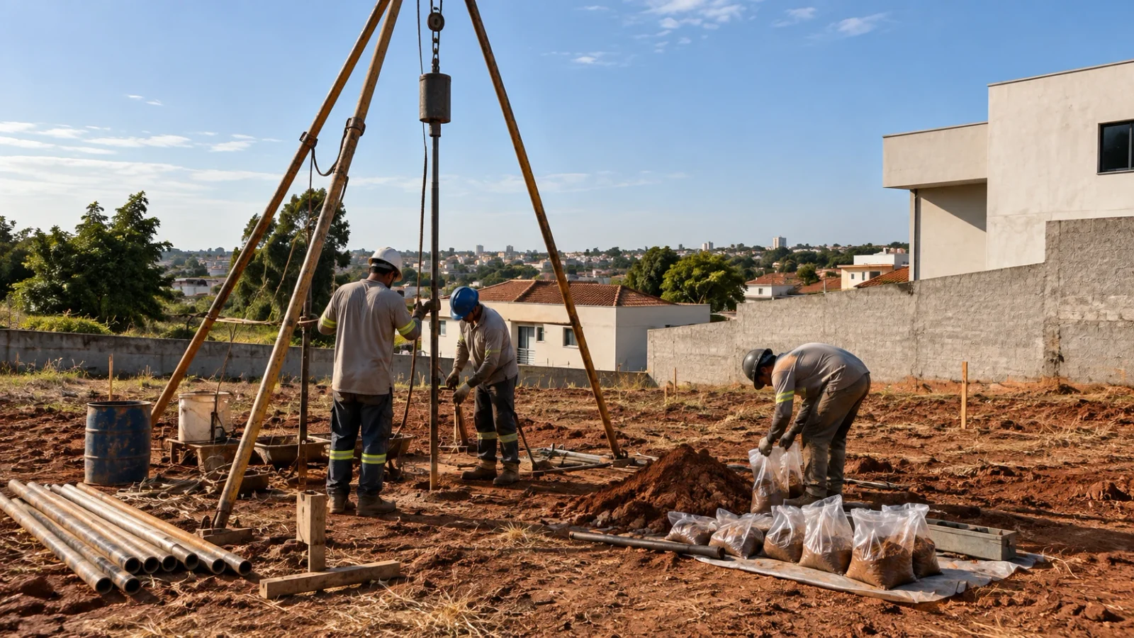 Equipe fazendo sondagem SPT em um terreno, com tripé de sondagem e amostras de solo