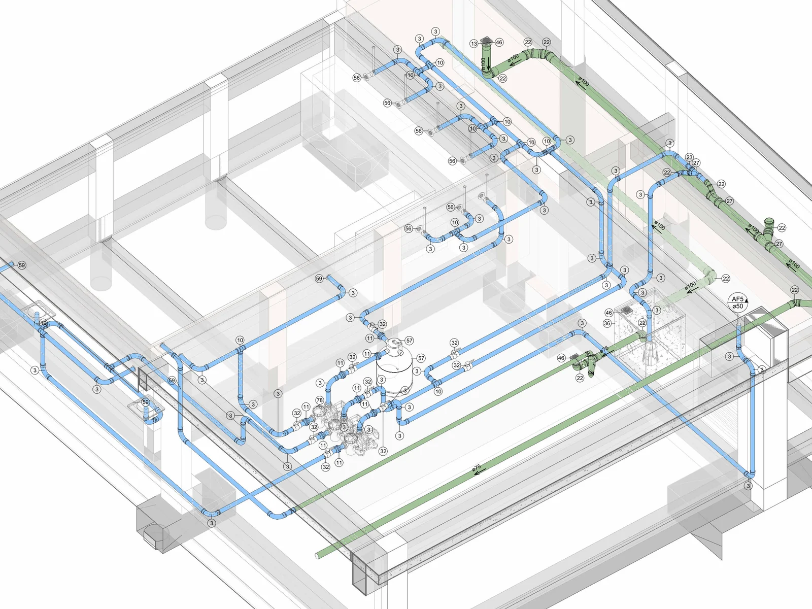 Vista 3D do projeto hidrossanitário da JEO: tubulações de água, esgoto e equipamentos da piscina